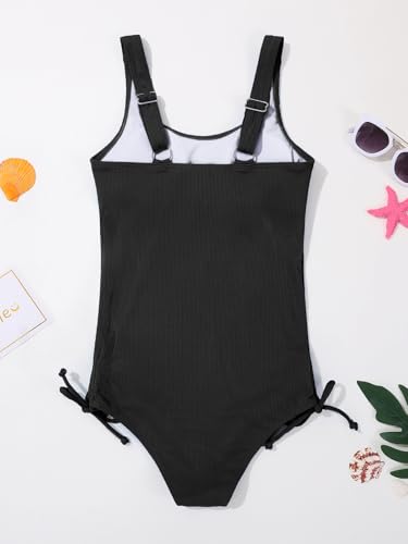 Image of Girls One Piece Swimsuits Ribbed Bathing Suit Teen Girls Adjustable Straps Drawstring Athletic Swimwear Swim Suit