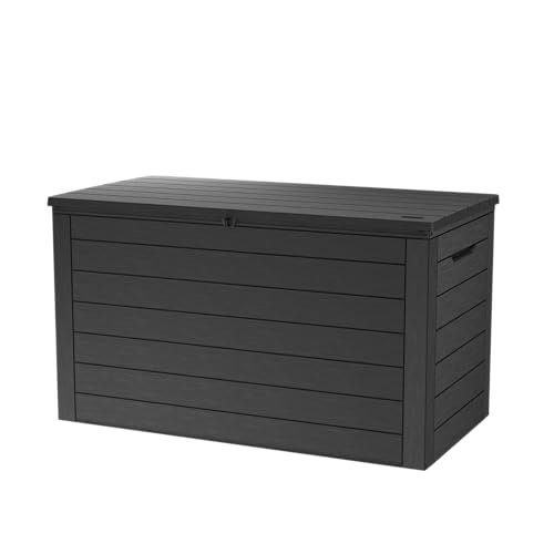 Keter Ontario Aufbewahrungsbox 570L Graphit Wetterfeste Gartenbox in Holzoptik mit Gasdruckfedern UV-beständige abschließbare Kissenbox für Innen- & Außenbereich