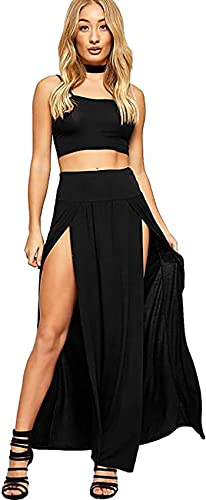 H&F Womens Double Split Long Maxi Skirt High Waist Stretchy Plain Jersey Basic Ladies Two Side Slit Skirt Sizes 8-26 (8-10, Black)