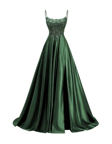 homdor Spaghetti Strap Satin Prom Dresses Long 2026 Beaded Formal Dresses A Line Evening Party Gown...