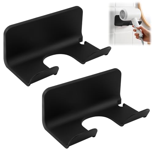 WhizNook 2 Pièces Soporte Secador de Pelo, Soporte para Secador de Pelo Sin Taladrar, Soporte de Pared Sin Taladrar, Colgador Secador Pelo, para Dormitorio, Baño, Peluquería, Hotel (Negro)