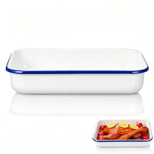 Cabilock Enamel Baking Tray 13.76X9.63X2.55 Inch Multifunctional Food Baking Pan Nonstick Heat-Resistant Storage Pan for Home Kitchen Cooking and Serving