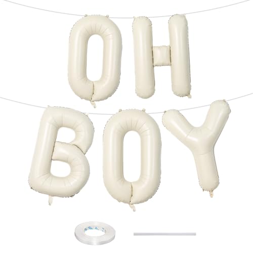 Image of Large Beige Oh Boy Balloons, 40 Inch Cream White Sand OH BOY Balloon Letters with Ribbon, Neutral Ivory Alphabet Oh Boy Balloon for Baby Kid Boys Birthday Baby Shower Gender Reveal Party Decorations