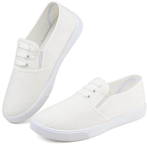 Image of Womens White Canvas Sneakers Lightweight Lace Up Fashion Comfortable Canvas Shoes Low Top Slip On Casual Tennis Walking Shoes Women Footwear
