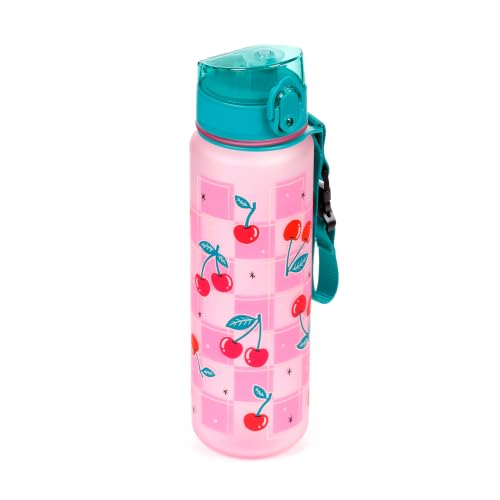 Puckator Gourde incassable motif cerises Pop Top 600 ml – Bouteille d'eau active isotherme réutilisable pour filles et garçons avec une poignée de transport et une paille – Sans BPA – Pour école