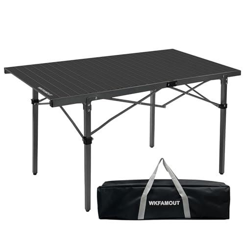 WKFAMOUT 29.9" Tall Folding Camping Table for 2-6 Person, 54.7" Large Aluminum Foldable Roll-up Table Outdoor with Carry Bag for Picnic, Camp, Sturdy, Backyard, Patio
