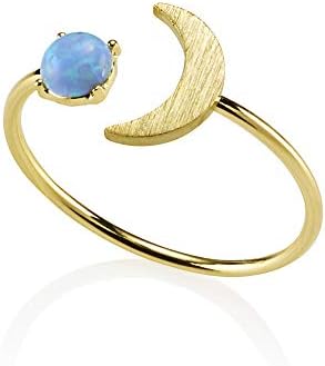 namana Adjustable Dainty Opal Ring for Women and Teen Girls, Brushed Finish Open Gold Rings for Women with a Moon Crescent Motif with a Created Opal