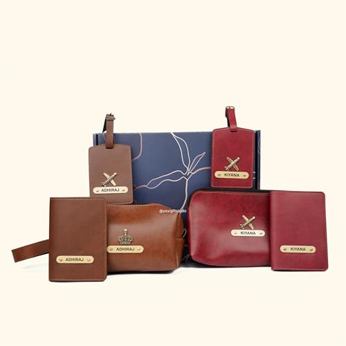 Image of Your Gift Studio Customized Leather Travel Pouch Kit Combo for Couple | Personalized Toiletry Bag, Passport Cover, and Luggage Tag with Name & Charm (Wine)