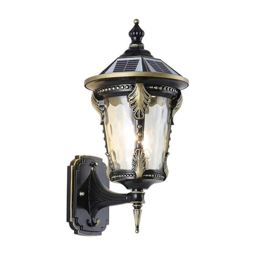Linternas solares pared for exteriores, luces LED impermeables IP65 color negro mate, lámparas seguridad for montaje en pared porche frontal exterior con pantalla vidrio con patrón agua for patio, ent