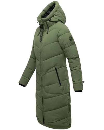 MARIKOO Damen langer Wintermantel warmer Steppmantel mit verstellbarer Kapuze Benikoo Pine Olive Gr. M