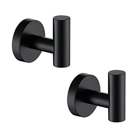 TASTOS Matte Black Bathroom Towel Coat Hook Stainless Steel, 2 Pack Robe Clothes Cabinet Closet Sponges Hooks Holder Round Style Heavy Duty Wall Hook for Bathroom Kitchen Hotel Wall Mounted Cover