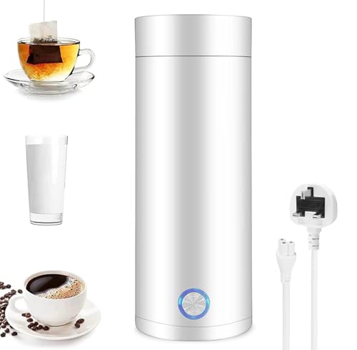 QCXWCJWD Small Travel Kettle Electric, 400ML Portable 3-in-1 Electric Heating Cup, Fast Boil & Auto Shut Off, Stainless Steel, White