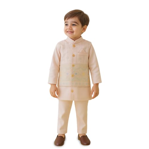 Image of Kidbea Boys Ethnic Kurta Pajama Set with Embroidered Nehru Jacket | Traditional Indian Outfit for Weddings & Festivals | Soft Comfortable Kidswear