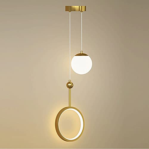 Suspension lustre doré anneau boule de verre blanc lait luminaire design personnalisé