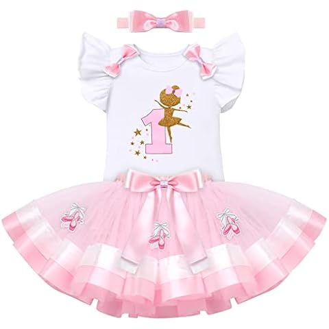 Baby Girl 1st First Birthday Cake Smash Outfit Ballerina Costume Short Sleeve Romper Bodysuit Princess Tutu Tulle Skirt Bowknot Headband 3pcs Clothes Set One Year Old Party Photo Shooting Pink 1 Year Cover