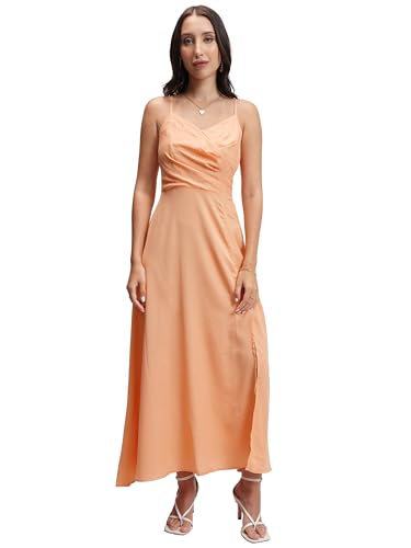 Image of Tokyo Talkies Women's Maxi Length | Strappy Design | High Slit | Flowy Silhouette Glamorous | Bold Thigh-High Slit for Effortless Elegance