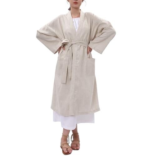 Amazhiyu Womens Pure Linen Mid Length Kimono Robes Lightweight Long Sleeve Bathrobe2
