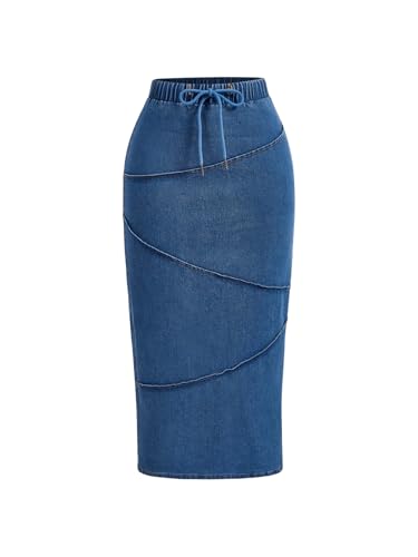 WDIRARA Women's Drawstring Waist Bodycon Denim Skirt Slit Side Midi Pencil Jean Skirts