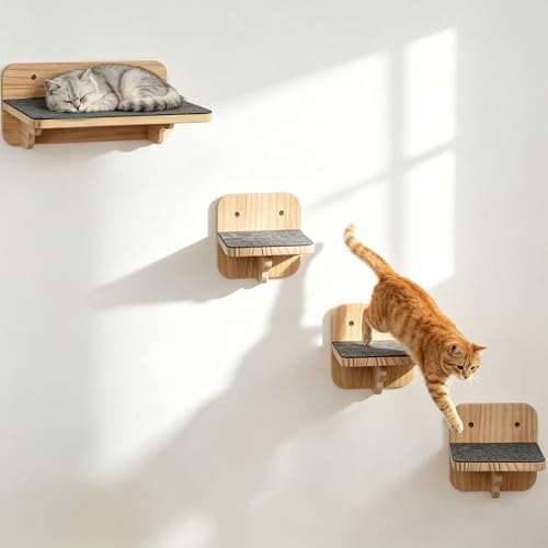 4 Pcs Cat Wall Shelves - Cat Wall Steps with Scratching Mat, Wood...