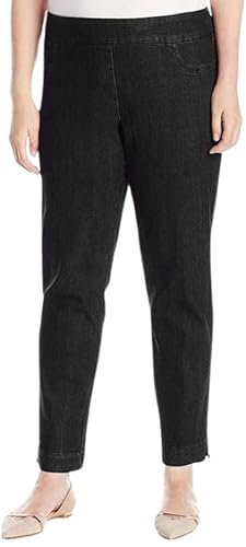SLIM-SATION Wide Band Pull-on Straight Leg Pant with Tummy Control Pantalones, Negro Denim, 38 para Mujer