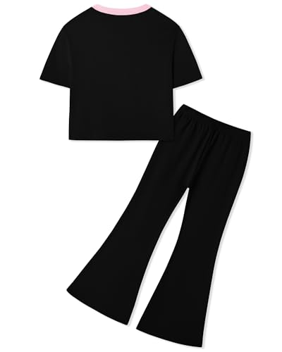 Image of Girls 2 Piece Outfit Colorblock Short Sleeve Graphic Tee & Flared Pants Casual Summer Clothes Set for Age 6-14