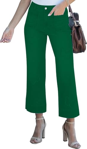 Womens Trendy Butterfly Wide Leg Jeans Elastic High Waisted Flared Jeans Classic Cropped Denim Pants Stretchy Baggy with Pockets(Solid Dark Green X-Large)