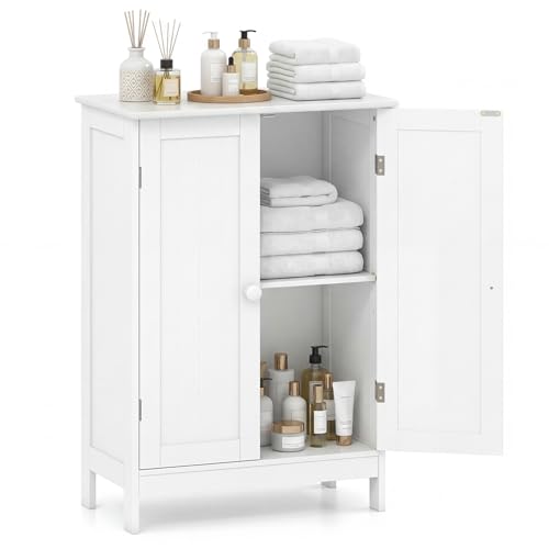Tangkula Bathroom Storage Cabinet, Freestanding Wooden Floor Cabinet with Double Doors, Adjustable Shelf, Modern Storage Organizers for Kitchen, Living Room, Entryway (White)