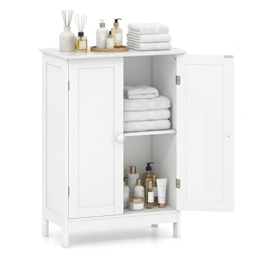 Tangkula Bathroom Floor Cabinet, Freestanding Storage Cabinet with Double Doors and Shelf, Modern Home Furniture, Wooden Home Organizer for Living Room, Bathroom Storage Cabinet, White