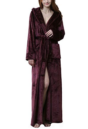 Flygo Womens Fuzzy Plush Long Hooded Robe Full Length Flannel Fleece Bathrobe Warm Housecoat (X-Large, Wine Red)