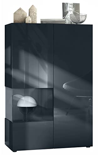 Vladon Vitrine Morena V2, Made in Germany, Standvitrine mit 2 Türen und Glaseinsatz, Korpus Schwarz matt, Fronten Schwarz Hochglanz, Cube Schwarz Hochglanz (91,5 x 136,5 x 37 cm)