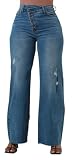 Wide Leg Ripped Jeans for Women Stretchy Crossover Unsymmetrical High Waisted Distressed Straight Loose Fit Denim Pants with Criss Cross Waist,Blue, X-Large