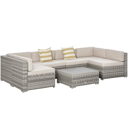 Outsunny 7-Piece Patio Furniture Set, Outdoor Wicker Conversation Set, All Weather PE Rattan Sectional Sofa Set with Cushions and Faux Wood Table, Stripe Pillows, Beige