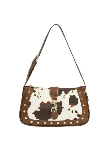 Women’s Cow Print Studded Underarm Bags Zipper Buckle Shoulder Handbags Retro Cowgirls Purse