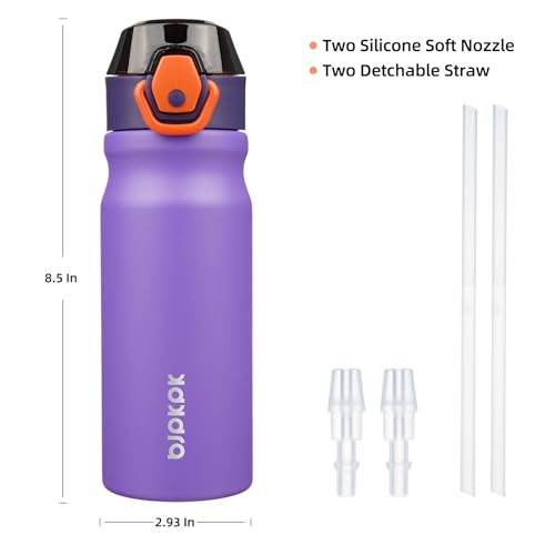 Image of BJPKPK 18 oz Water Bottle with Straw & Handle, Insulated Stainless Flask | Leak Proof Locking Lid, Thermal, Double Wall Vacuum, Keeps Hot /Cold, BPA Free, Dishwasher Safe, Travel & Sports, Purple