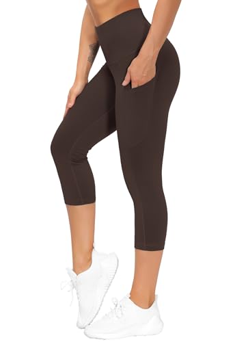 Image of THE GYM PEOPLE Thick High Waist Capris Yoga Pants with Pockets, Tummy Control Workout Running Yoga Leggings for Women