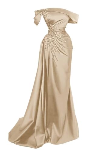 Tsbridal Women'S Mermaid Champagne Prom Dresses Slit 2024 Satin Off The Shoulder Beaded Formal Prom Gowns Us 12 cover