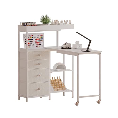 L-Shaped Nail Table with Drawers and Wheels