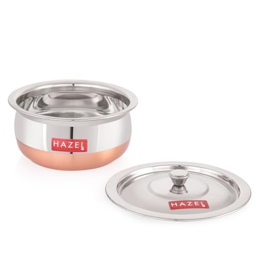 Image of HAZEL Copper Bottom Handi Small 850 ml with Lid | Stainless Steel Cookware Handi | Copper Bottom Vessels for Cooking | Steel Utensils for Kitchen | Small Steel Vessels for Cooking