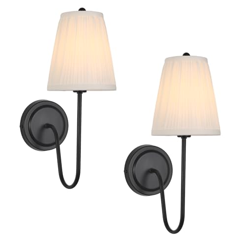 Image of Electro bp; Elegant Single Wall Sconces White Pleated Fabric Lamp Shades with Black Curved Metal Arm Silk Cover Wall Lighting,E12,40W,Hardwired(Set of 2);