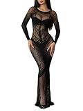 Women's Sexy Sheer Lace Maxi Dress Long Sleeve Mesh Party Dresses, Black
