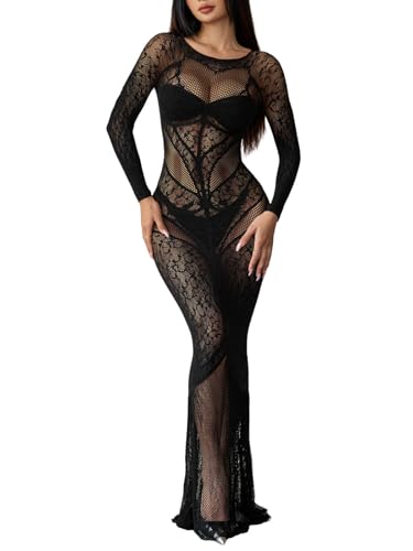 Dewinya Women's Sexy Sheer Lace Maxi Dress Long Sleeve Round Neck Mesh Evening Bodycon Party Gown, Black