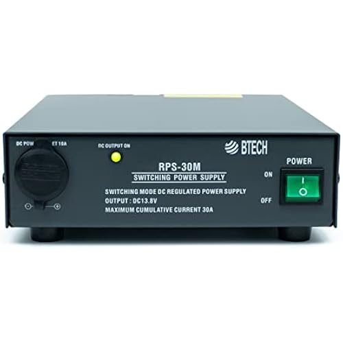 BTECH RPS-30M 30 Amp Compact Regulated Bench Power Supply - 13.8V AC-to-DC Converter with Screw Terminals & Cigarette Plug Output
