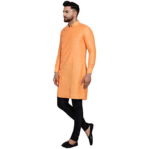 Image of Veera Paridhaan Men's Ethnic Poly Cotton Full Sleeve Textured Side Button Long Kurta(Orange)