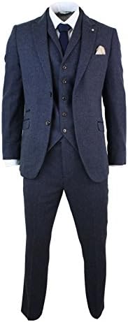 Mens 3 Piece Wool Blend Herringbone Tweed Suit Blue Brown Vintage Tailored Fit
