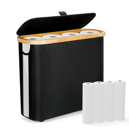 Pinyenr Cesto di carta igienica con coperchio, per 9-12 rotoli di carta igienica in bambù, perfetto per riporre il bagno, la camera da letto (nero)