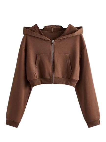 Image of Solid Long Hooded Neck Hoodie Zipper Crop Jacket for Women's