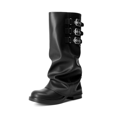 DREAM PAIRS Fold-over Knee High Boots Comfort Low Heel Wide Calf Slouchy Boot Stylish Buckle Long Tall Boots for Women,Size 9,Black,SDKB26007W