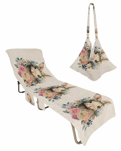 Easter Bunny Beach Chair Towel Covers for Chaise Lounge with Side Pocket, Soft Plush Pool Towels Cover for Patio Sunbathing Outdoor 29''x85'' Easter Rabbits Farmhouse Country Floral Beige