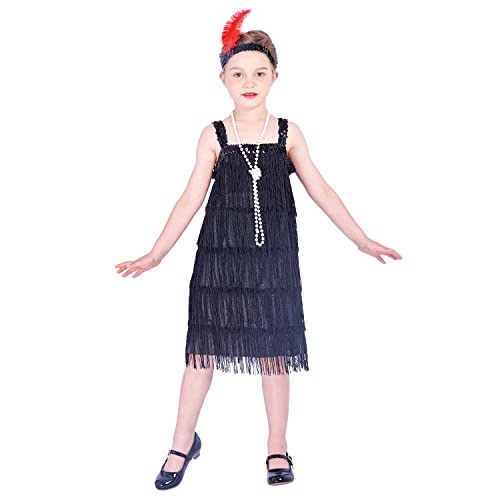 Rabtero Enfants rugissant 20S Fantaisie Robe costume, robe à Rabat pour fille collier de perles et bandeau de plumes, fille gangster robe à Rabat, noir,...