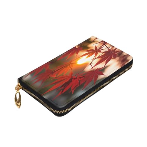 Maple leaves shining Premium Leather Wallet with Metal Zipper, Multiple Card Slots Cash Pockets, ideal Gift for Her or Him3